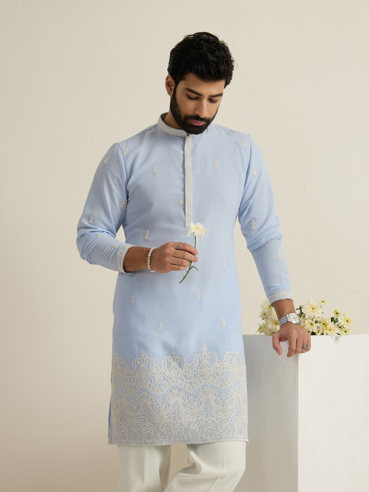Mens Blue Georgette Embroidery Kurta