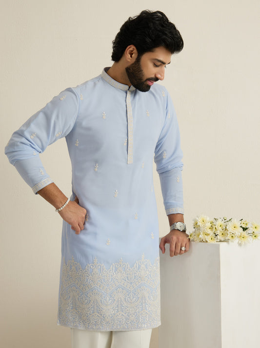 Mens Blue Georgette Embroidery Kurta