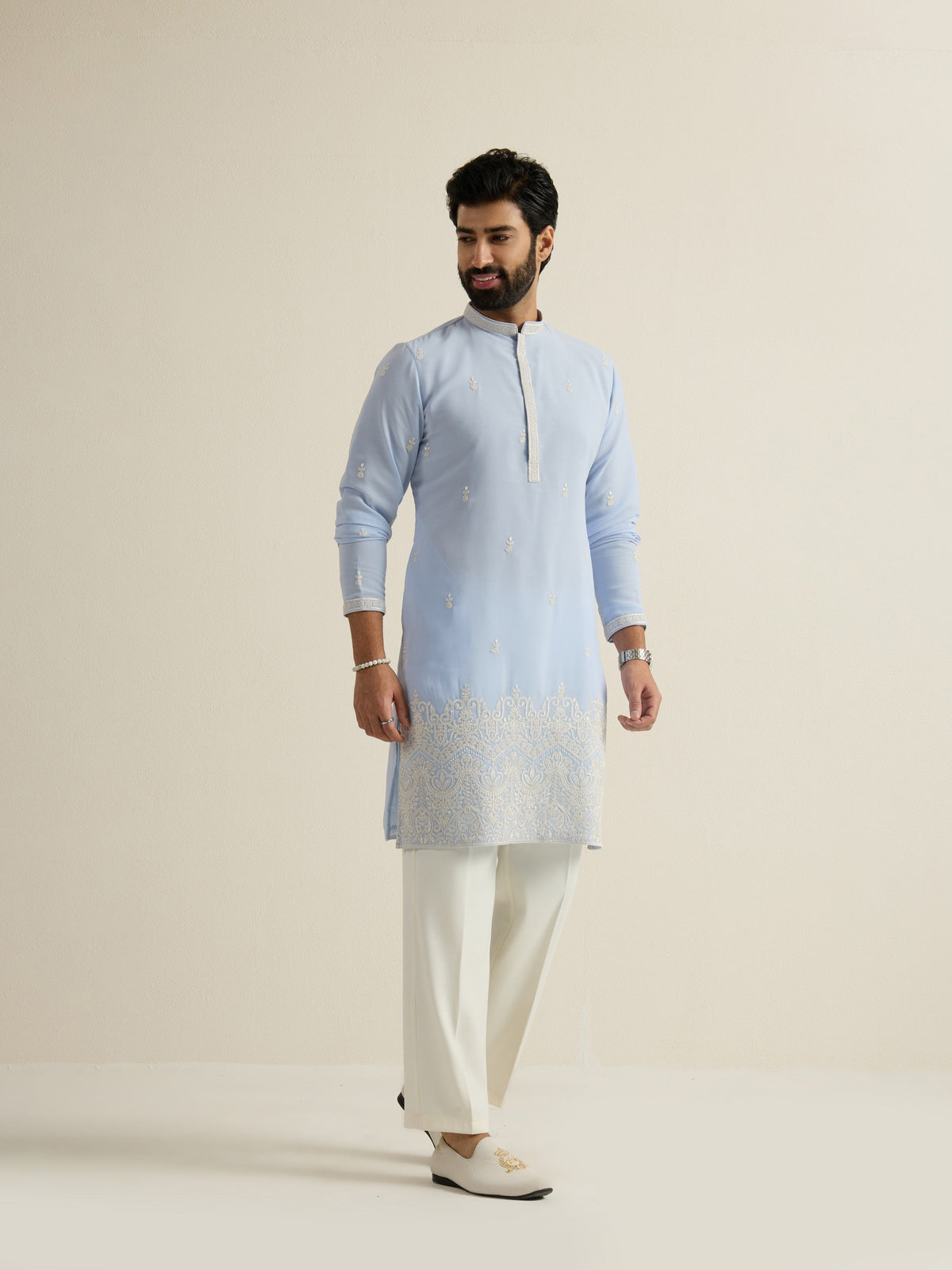 Mens Blue Georgette Embroidery Kurta
