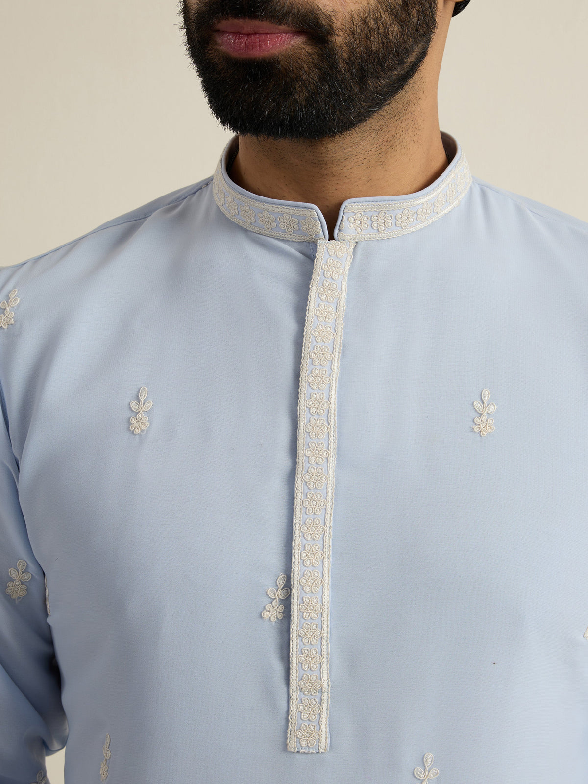 Mens Blue Georgette Embroidery Kurta