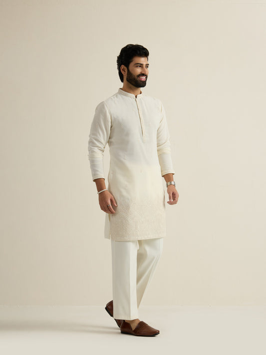 Mens Off-White Georgette Embroidery Kurta