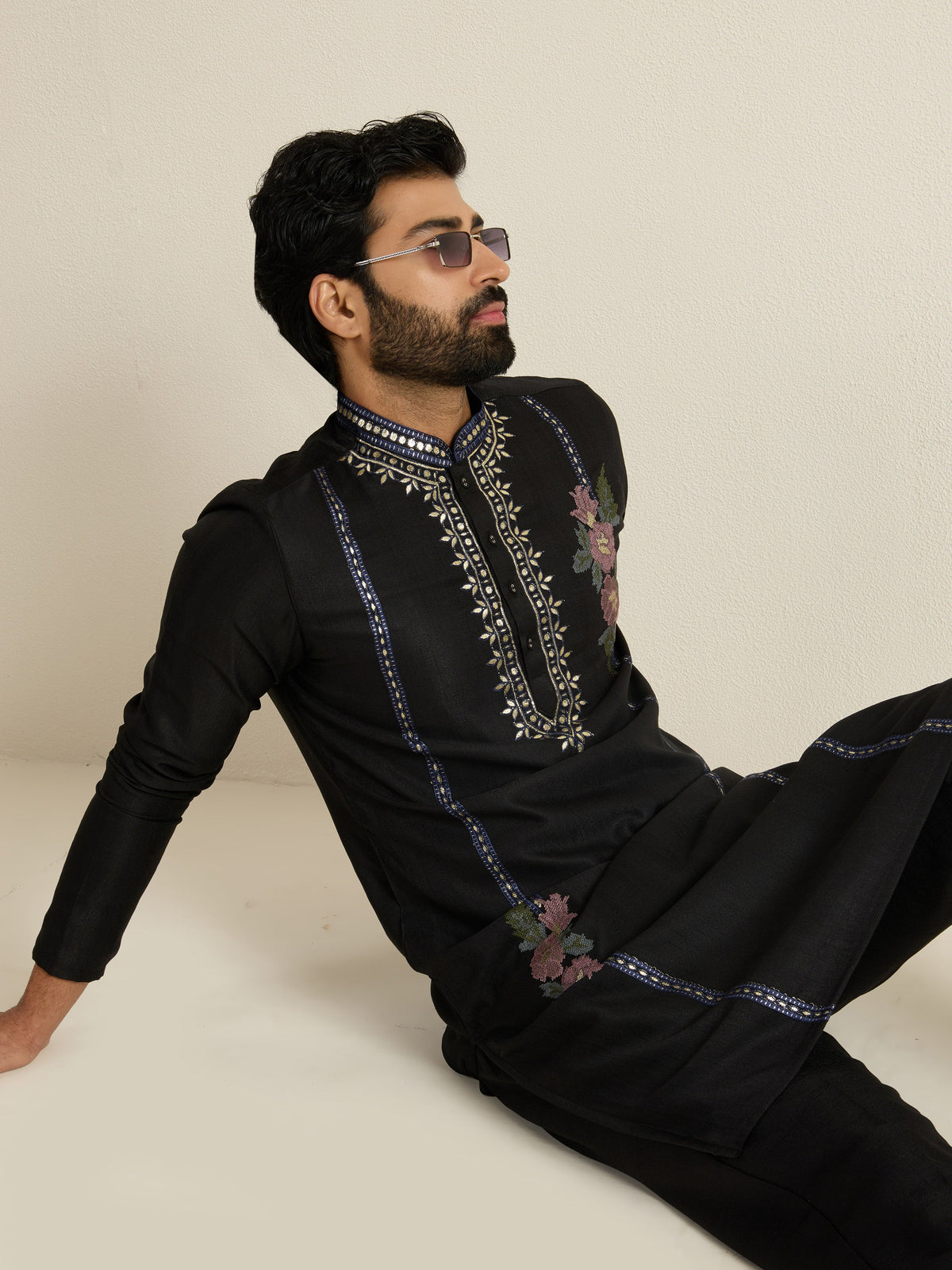 Mens Black Blended Light Embroidery Kurta with Buttoned Placket