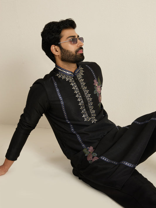 Mens Black Blended Light Embroidery Kurta with Buttoned Placket