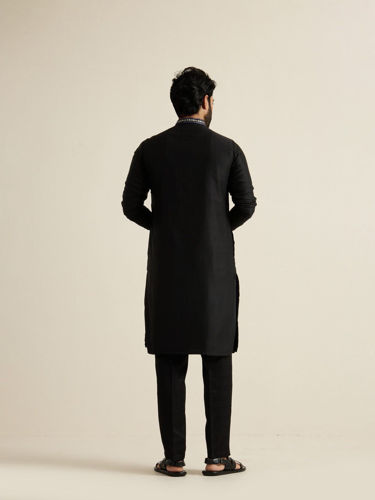 Mens Black Blended Light Embroidery Kurta with Buttoned Placket