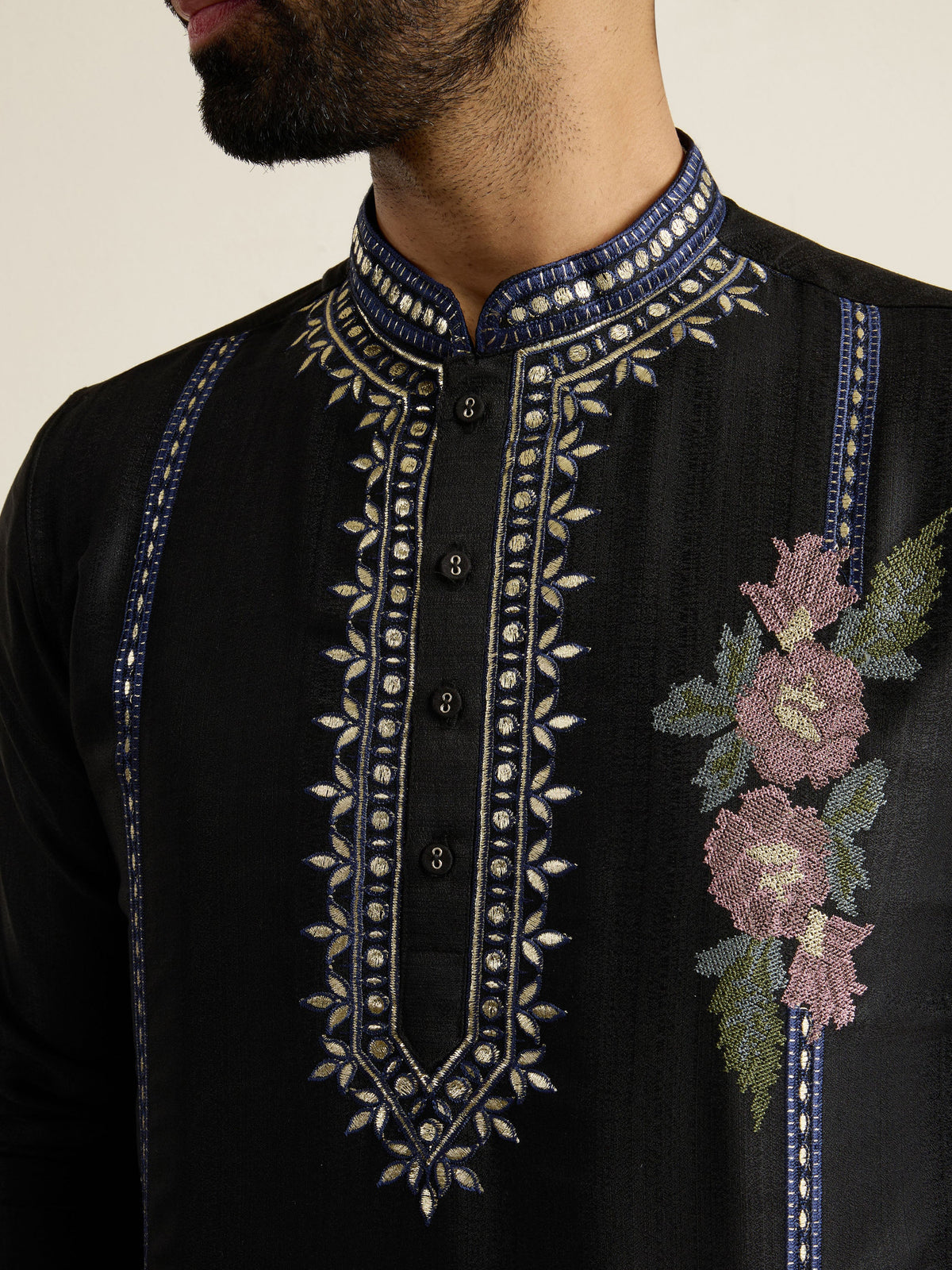 Mens Black Blended Light Embroidery Kurta with Buttoned Placket