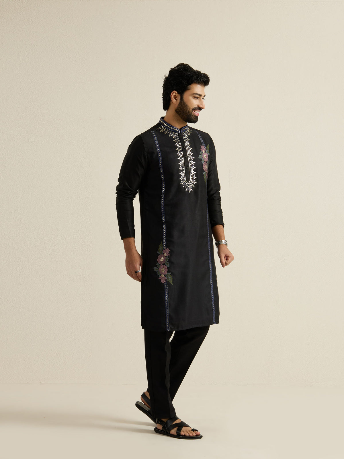 Mens Black Blended Light Embroidery Kurta with Buttoned Placket