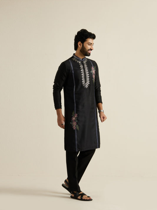 Mens Black Blended Light Embroidery Kurta with Buttoned Placket