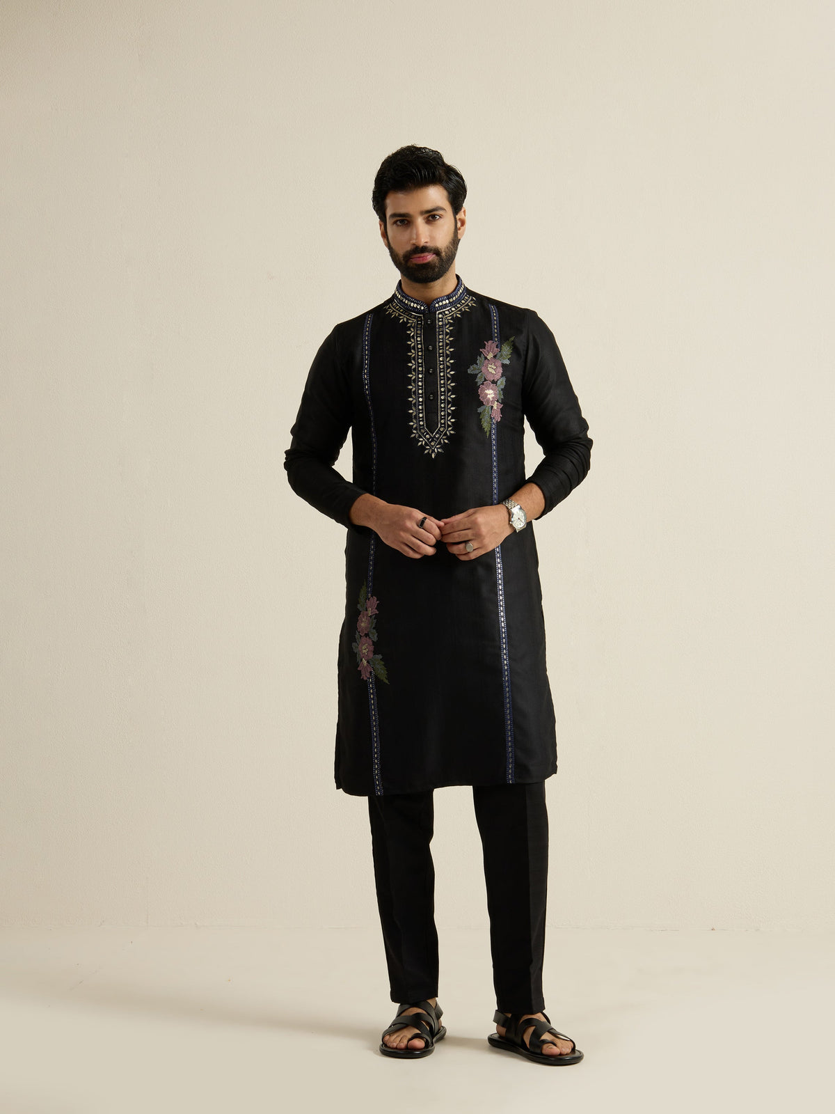 Mens Black Blended Light Embroidery Kurta with Buttoned Placket