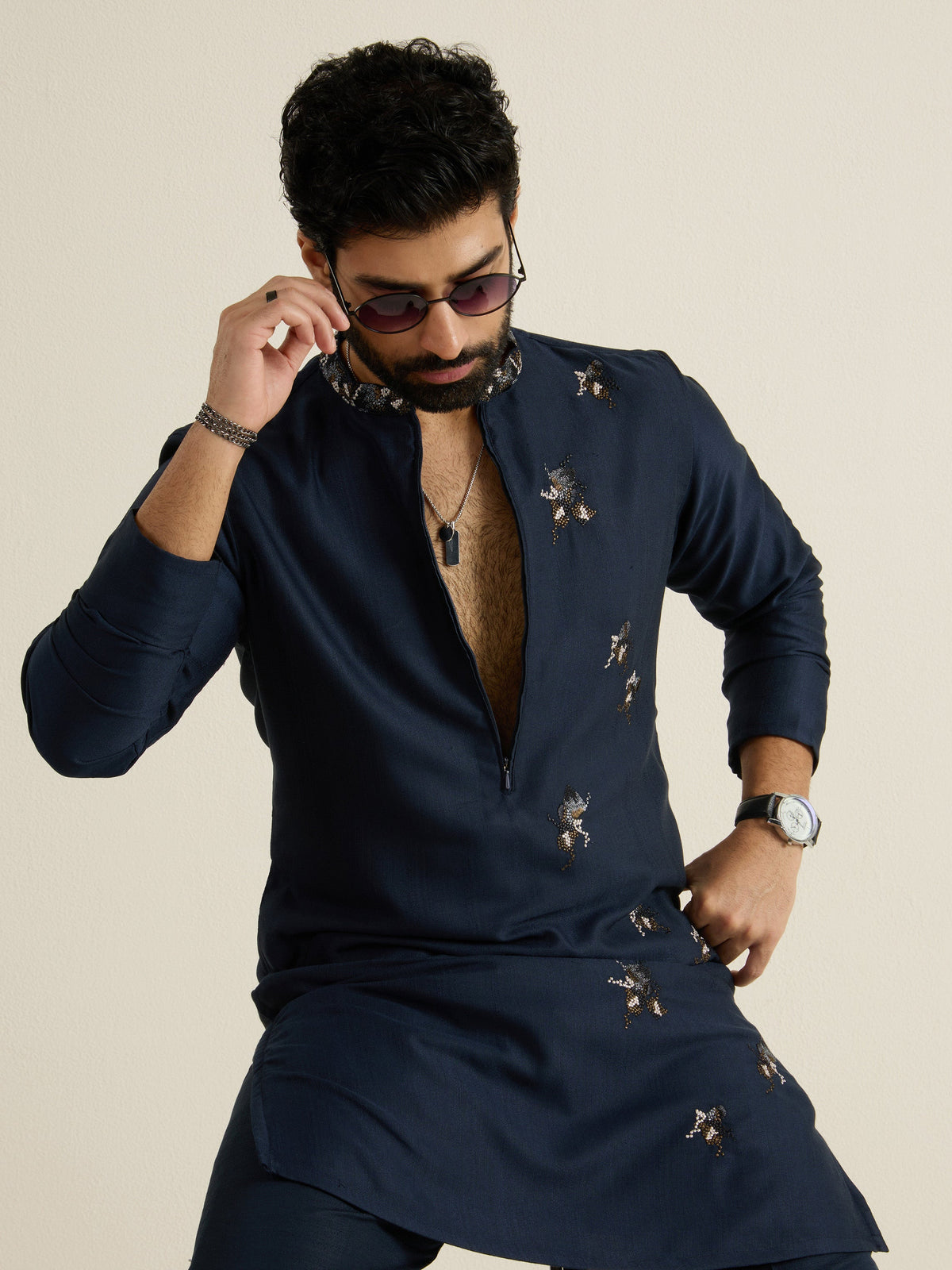 Mens Blue Blended Light Embroidery Kurta with Front Zipper