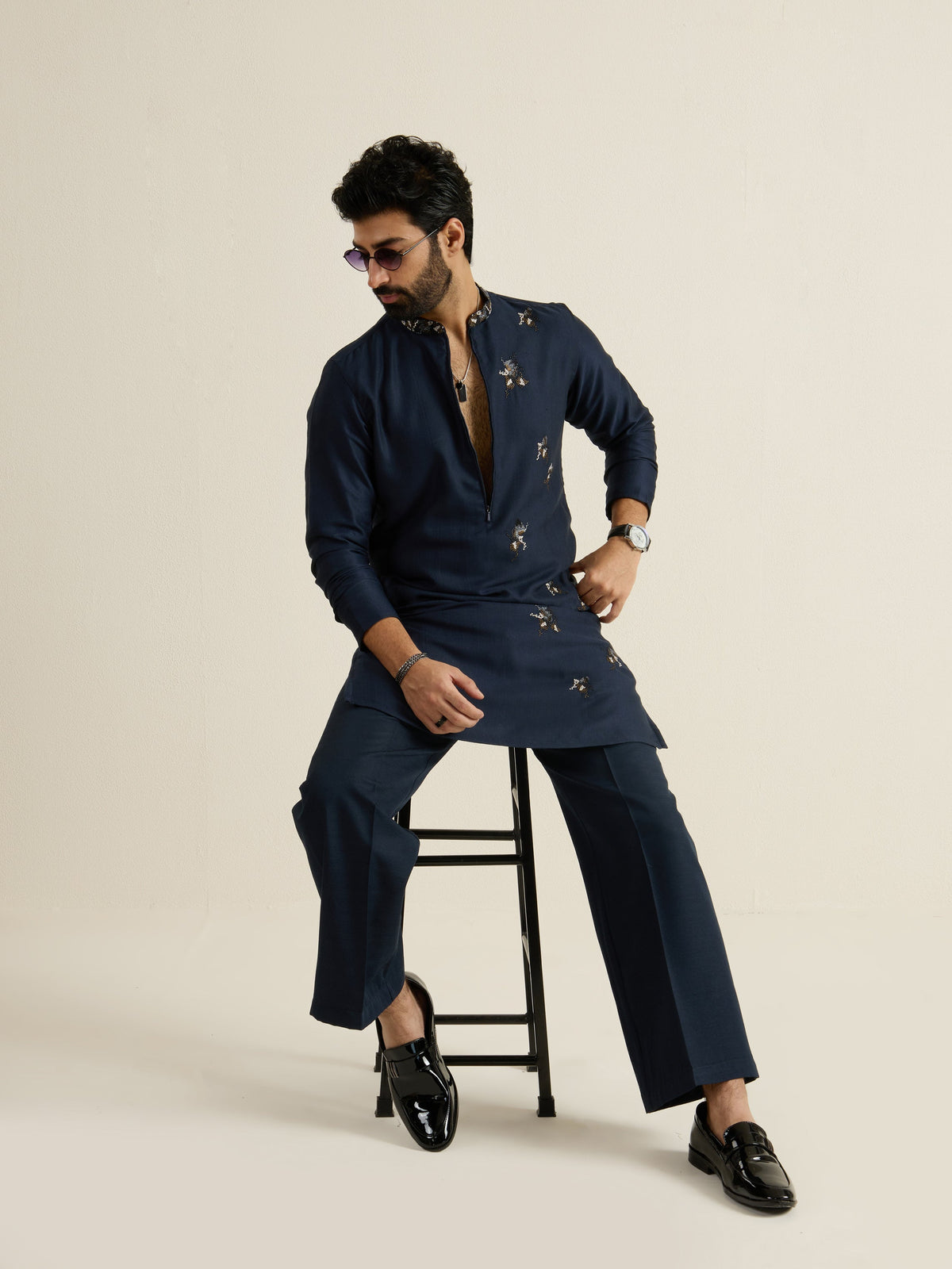 Mens Blue Blended Light Embroidery Kurta with Front Zipper