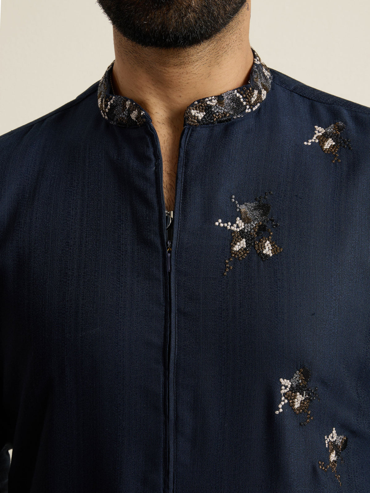 Mens Blue Blended Light Embroidery Kurta with Front Zipper