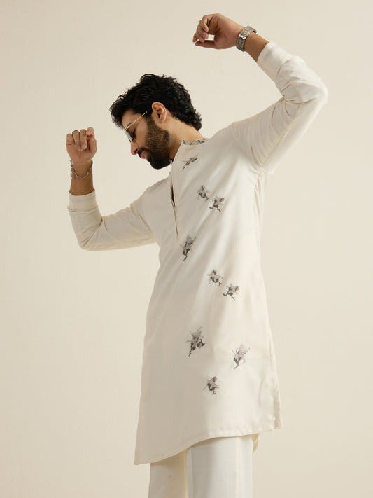 Mens Off-White Blended Light Embroidery Kurta with Front Zipper
