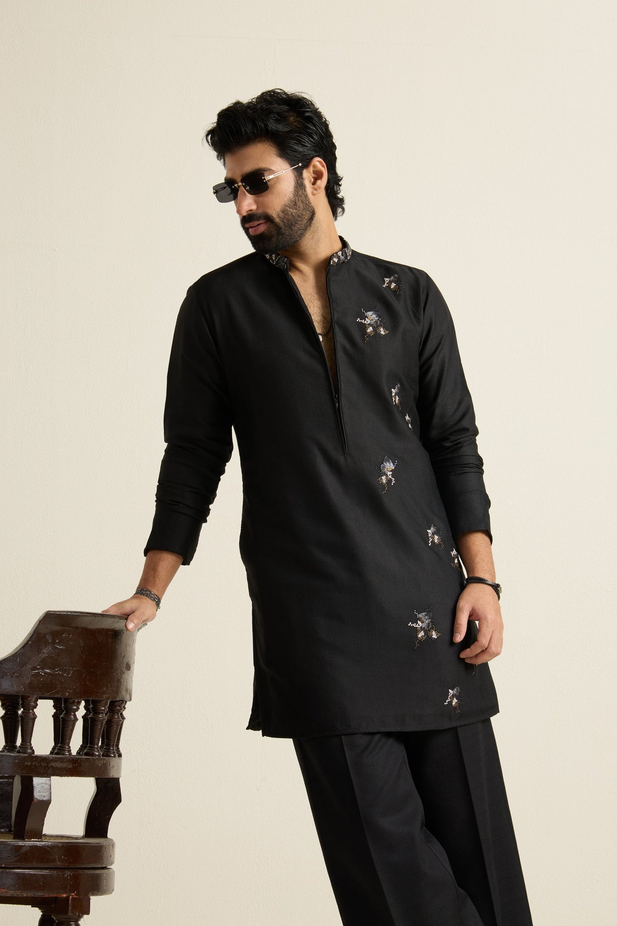 Mens Black Blended Light Embroidery Kurta with Front Zipper