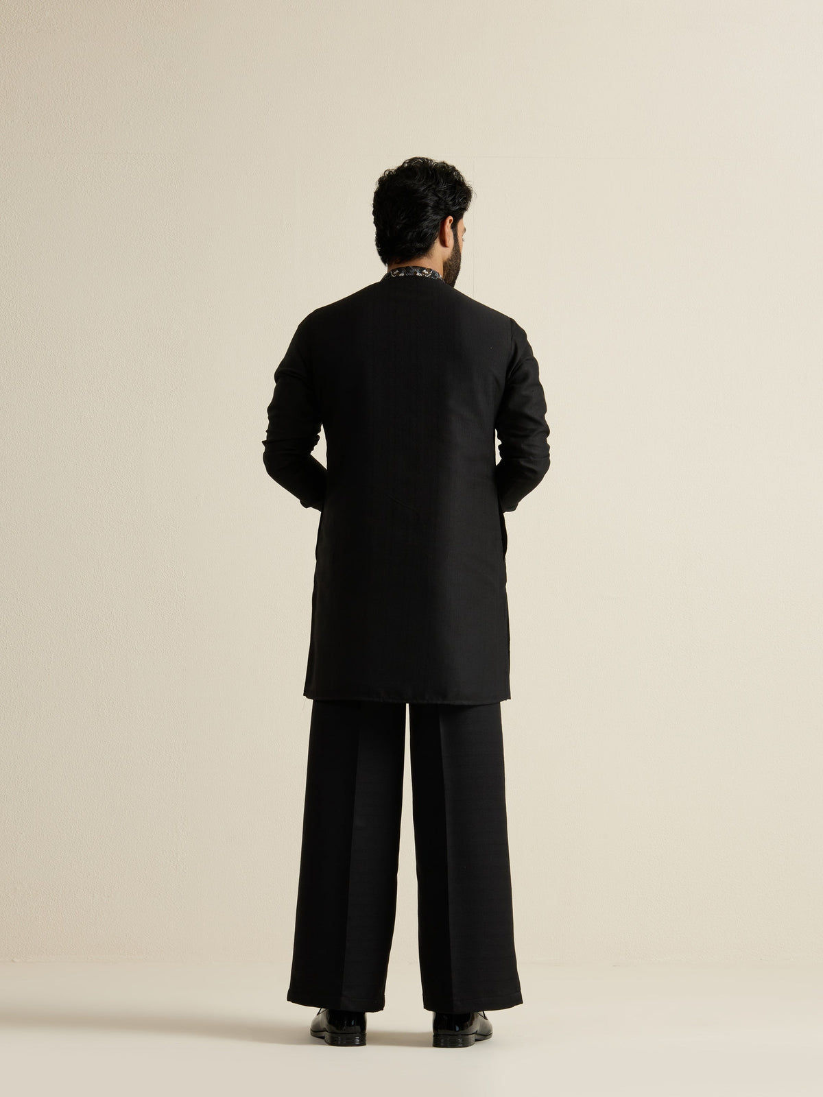 Mens Black Blended Light Embroidery Kurta with Front Zipper