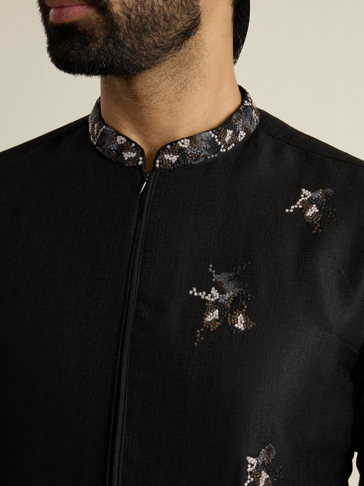 Mens Black Blended Light Embroidery Kurta with Front Zipper