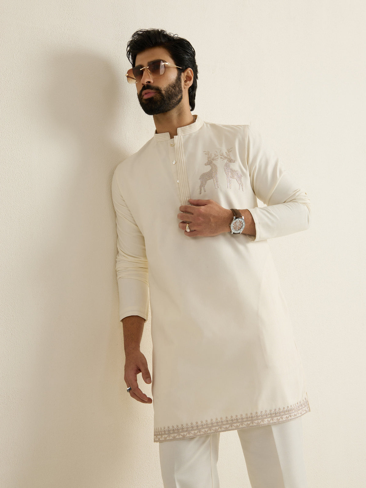 Mens Off-White Blended Light Embroidery Kurta with Buttoned Placket