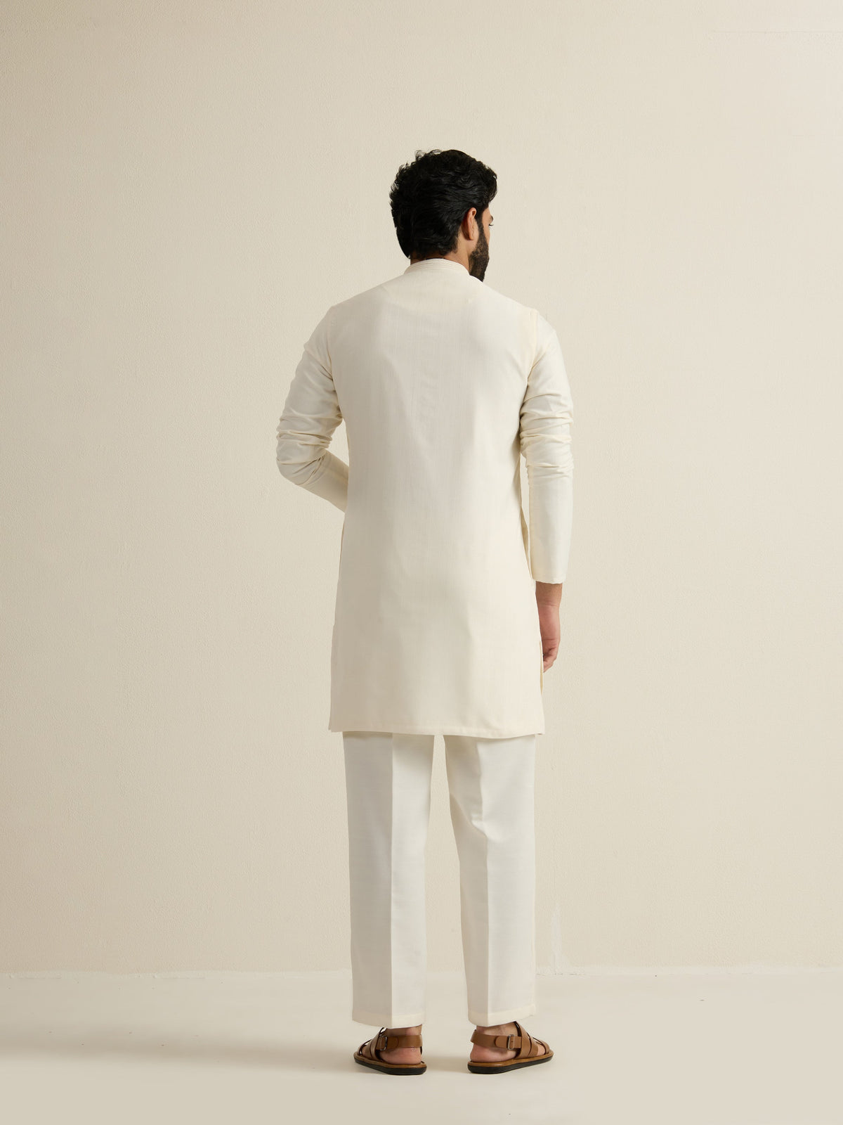 Mens Off-White Blended Light Embroidery Kurta with Buttoned Placket
