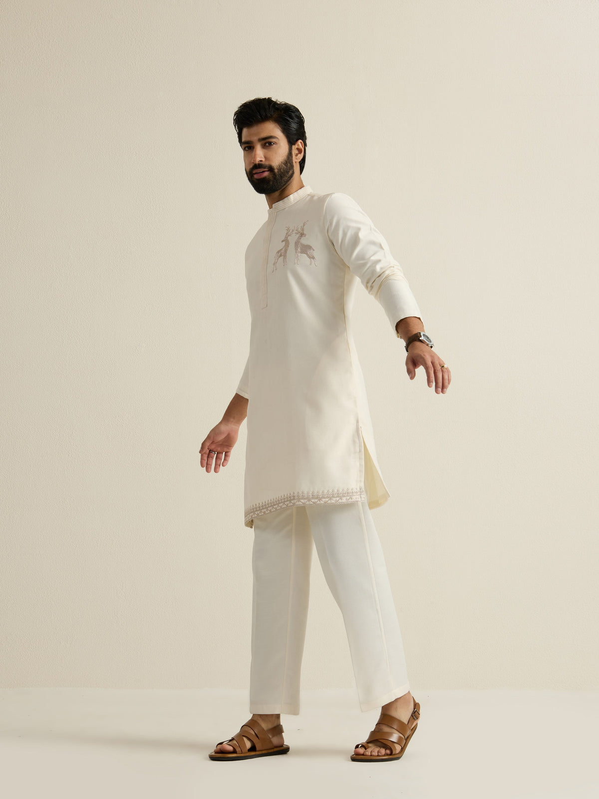 Mens Off-White Blended Light Embroidery Kurta with Buttoned Placket