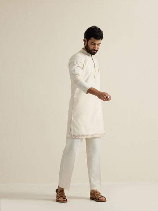 Mens Off-White Blended Light Embroidery Kurta with Buttoned Placket