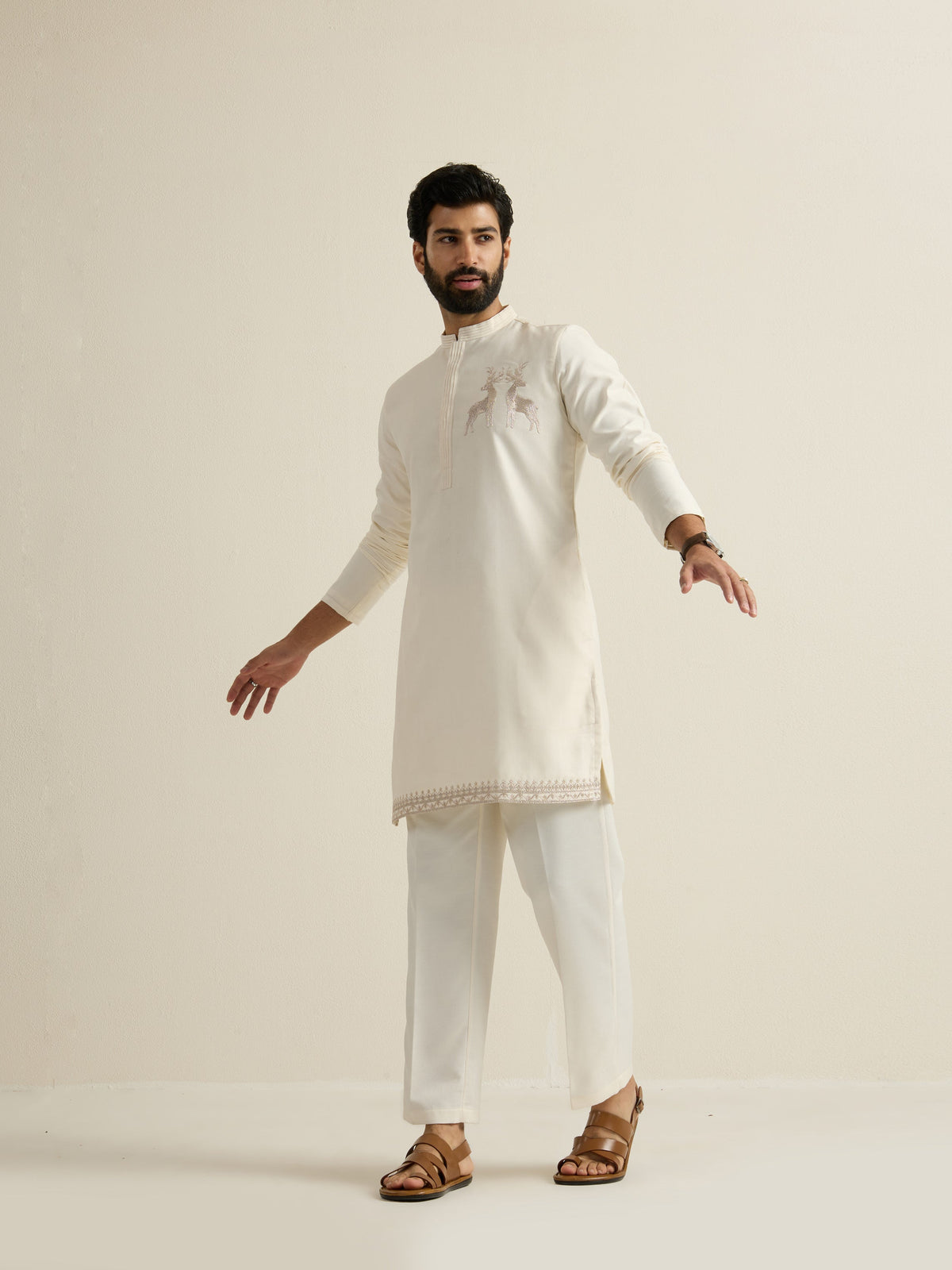 Mens Off-White Blended Light Embroidery Kurta with Buttoned Placket