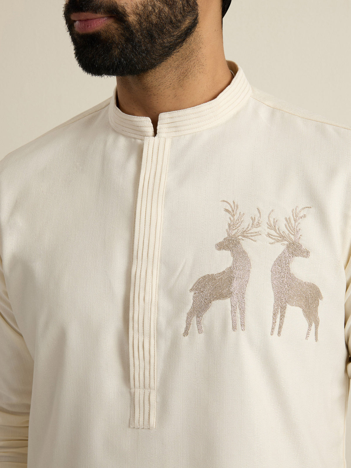 Mens Off-White Blended Light Embroidery Kurta with Buttoned Placket