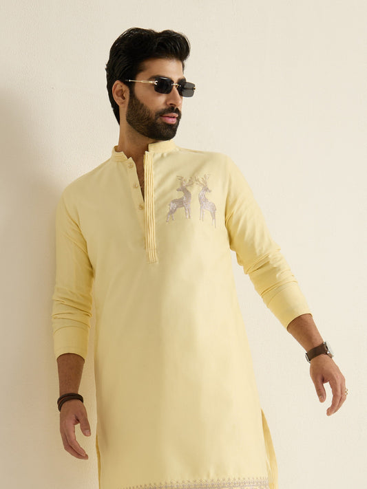 Mens Yellow Blended Light Embroidery Kurta with Buttoned Placket