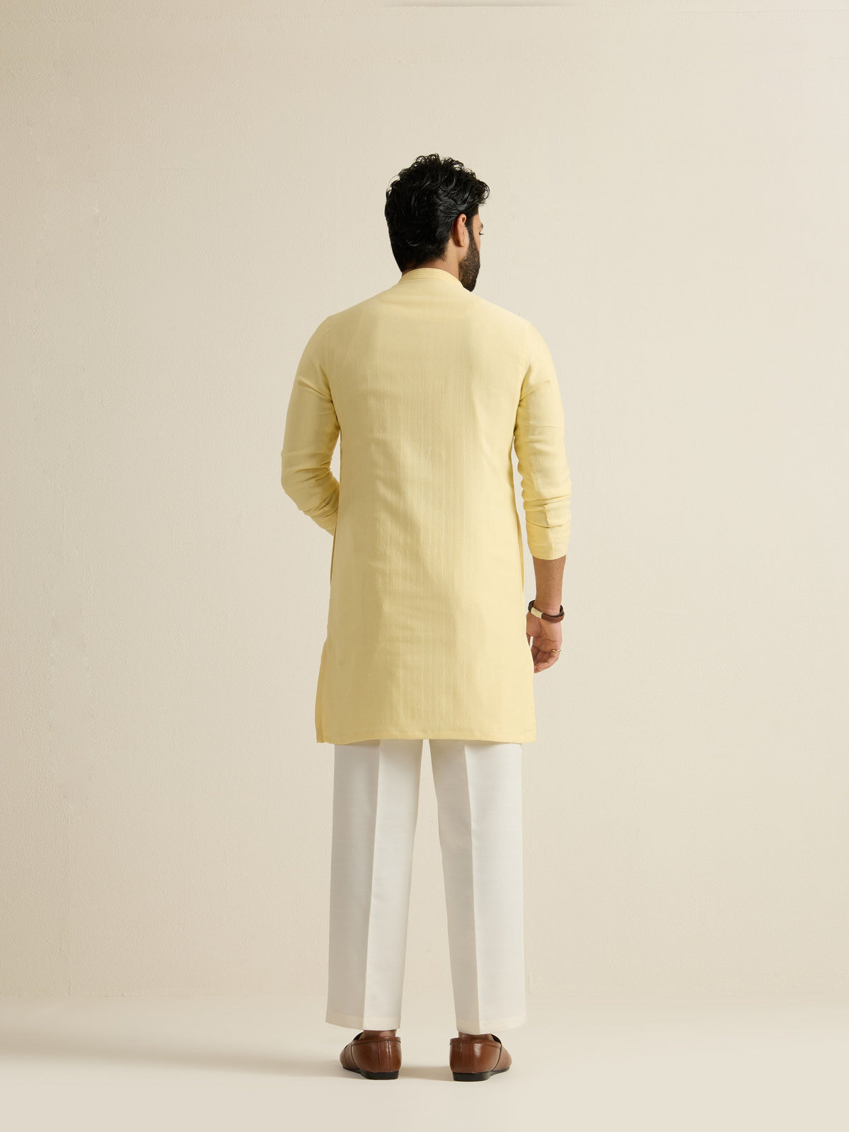 Mens Yellow Blended Light Embroidery Kurta with Buttoned Placket