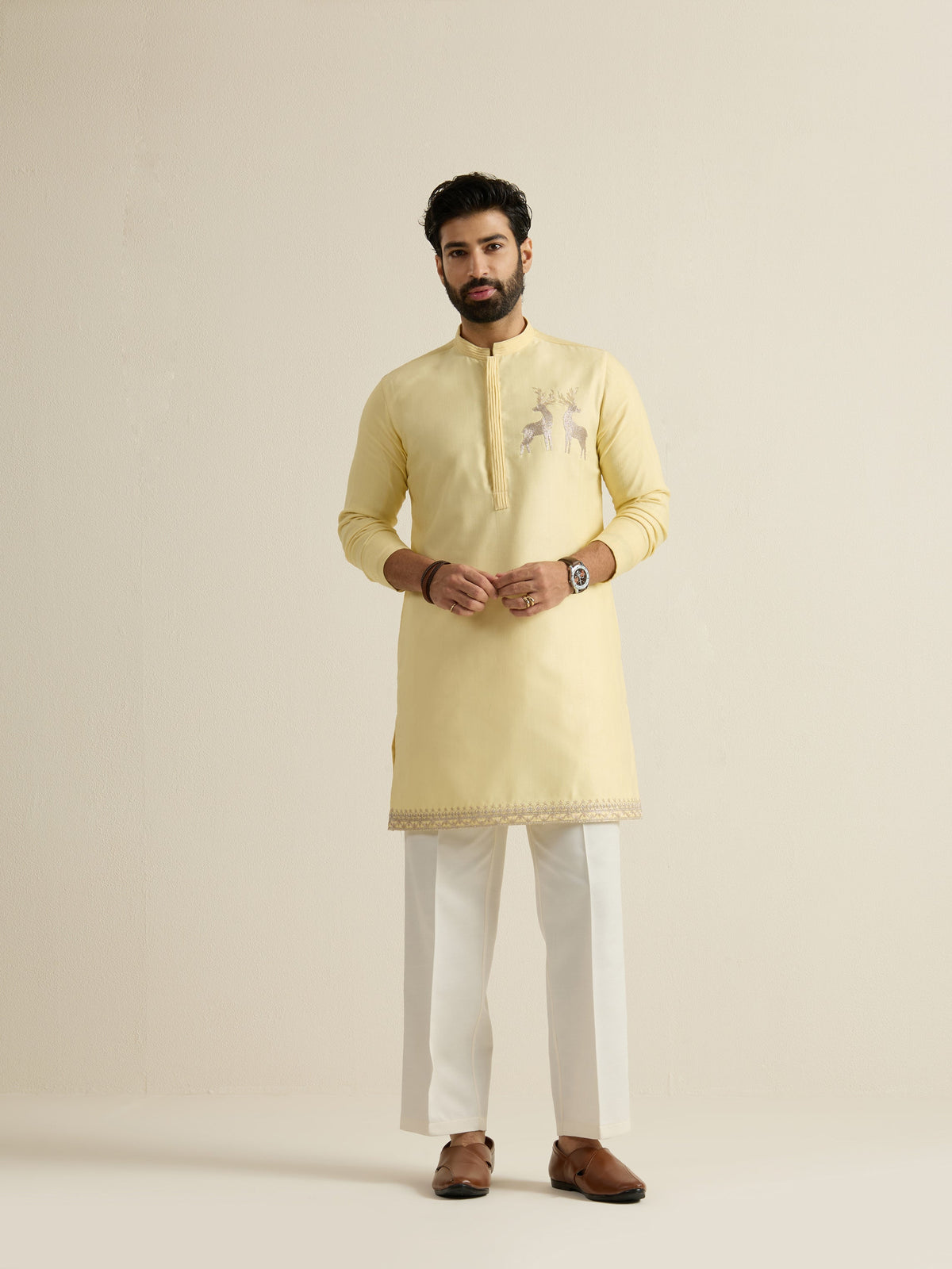 Mens Yellow Blended Light Embroidery Kurta with Buttoned Placket
