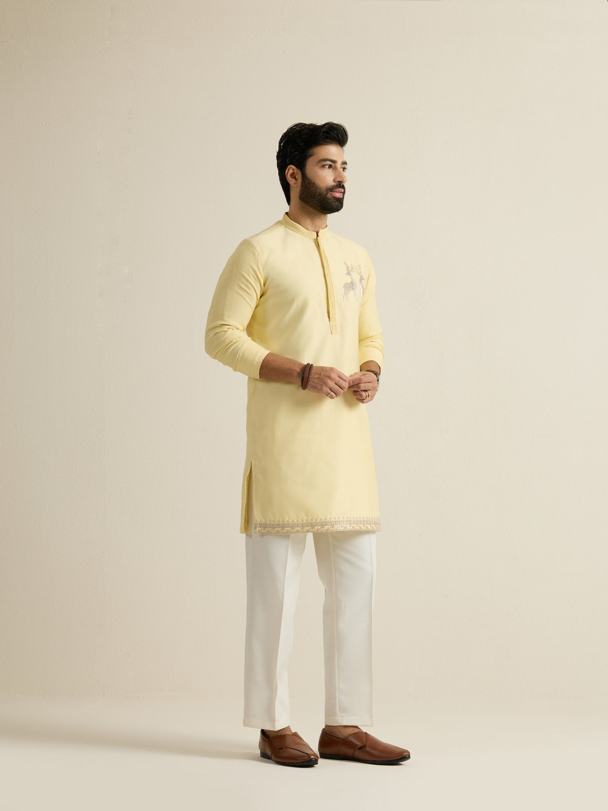 Mens Yellow Blended Light Embroidery Kurta with Buttoned Placket
