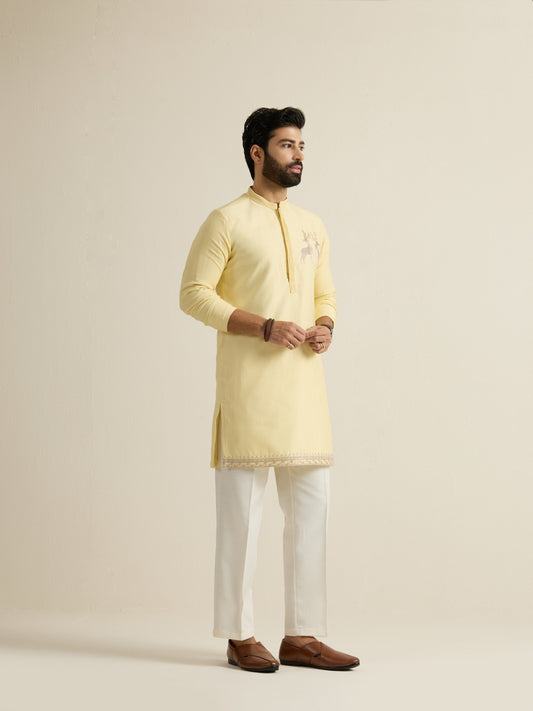 Mens Yellow Blended Light Embroidery Kurta with Buttoned Placket