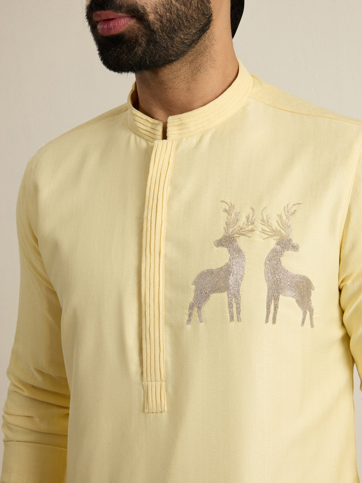 Mens Yellow Blended Light Embroidery Kurta with Buttoned Placket