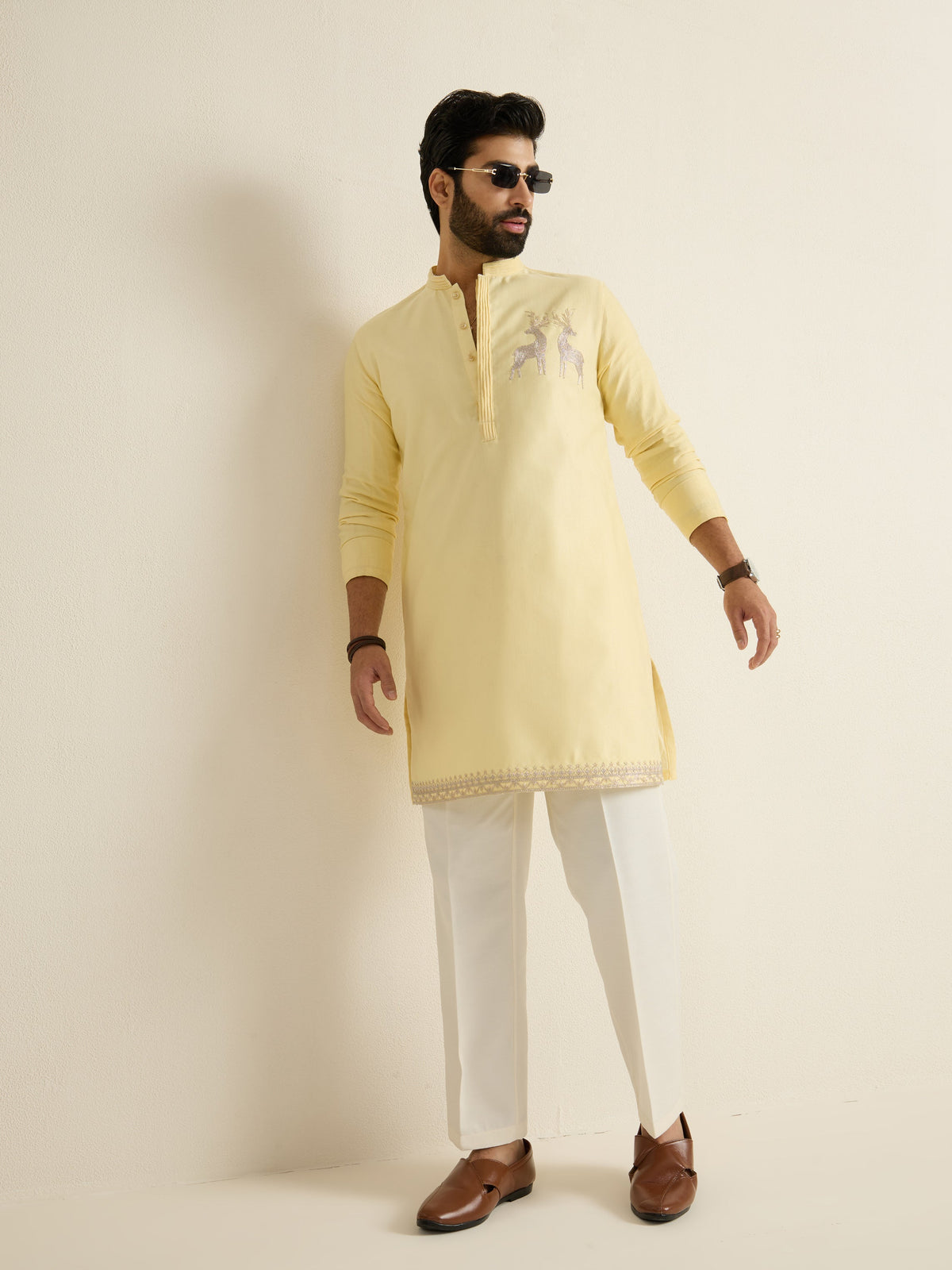 Mens Yellow Blended Light Embroidery Kurta with Buttoned Placket