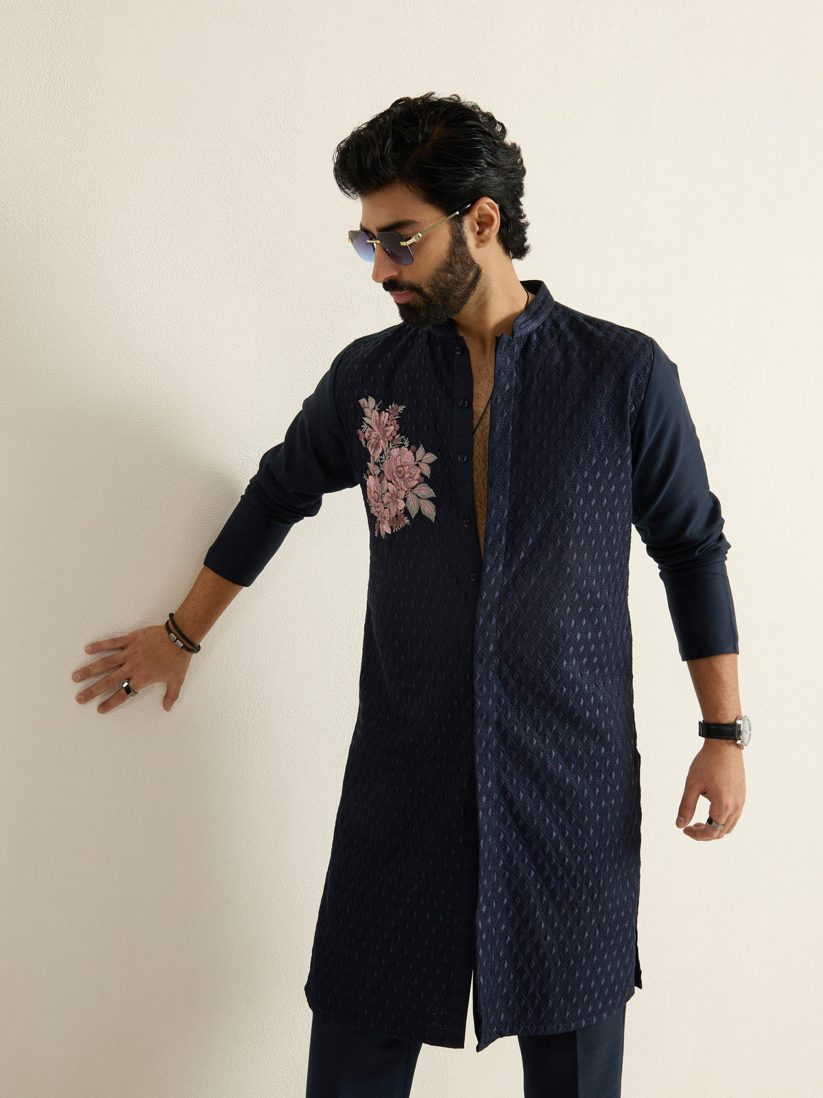 Mens Blue Blended Embroidery Kurta with Buttoned Placket