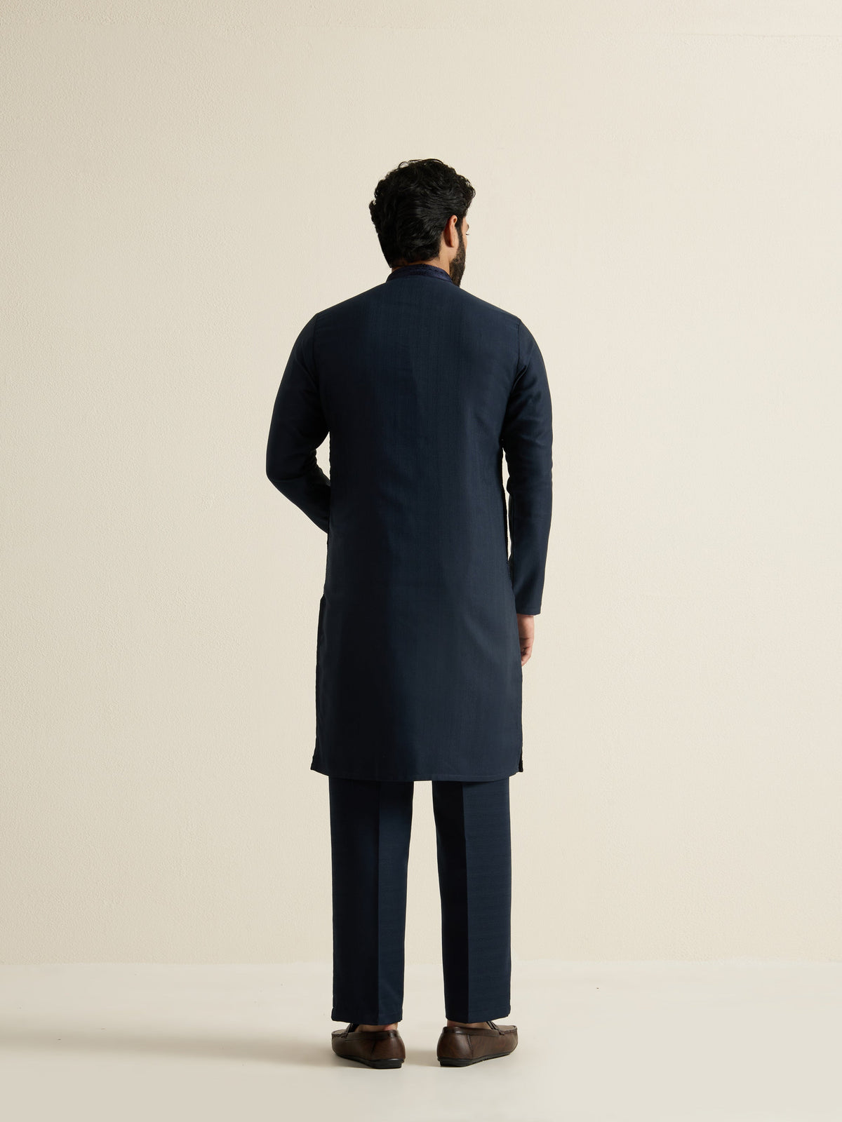 Mens Blue Blended Embroidery Kurta with Buttoned Placket