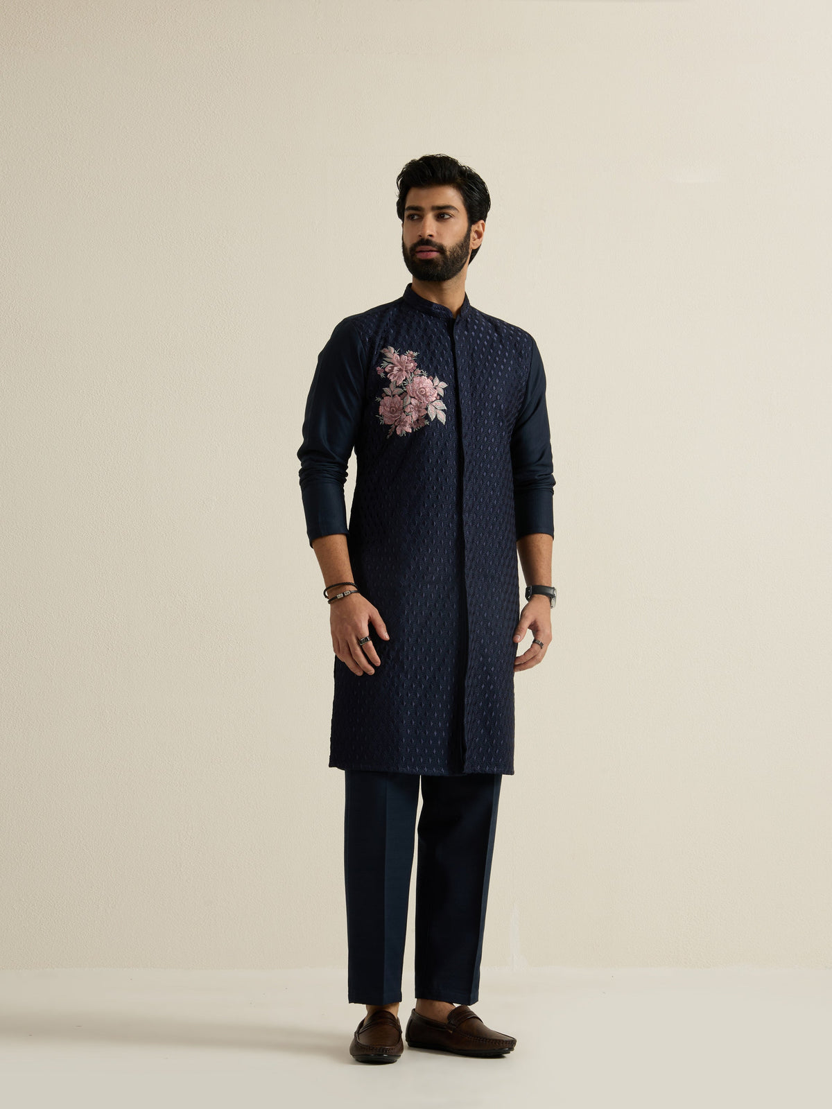 Mens Blue Blended Embroidery Kurta with Buttoned Placket