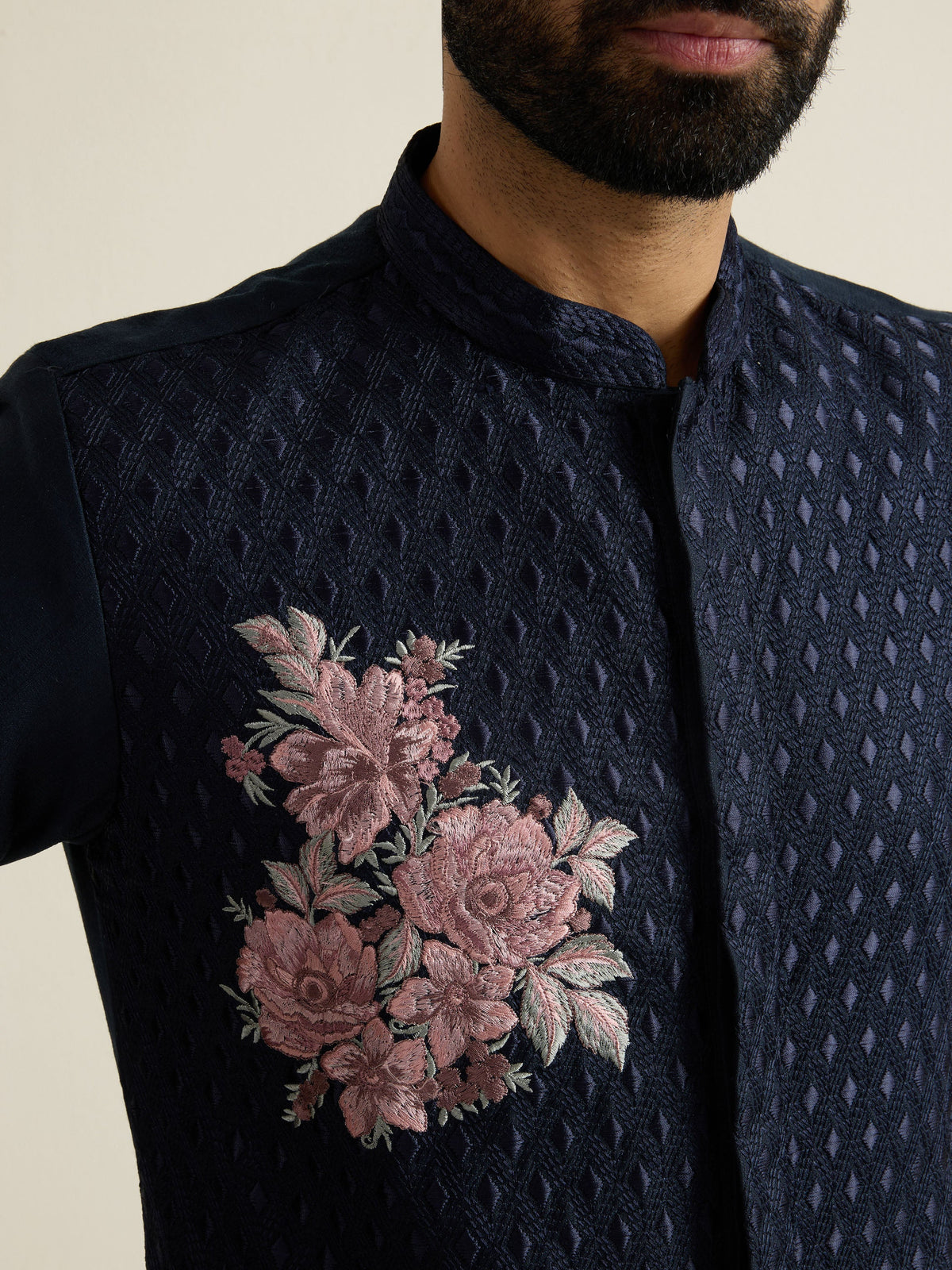 Mens Blue Blended Embroidery Kurta with Buttoned Placket