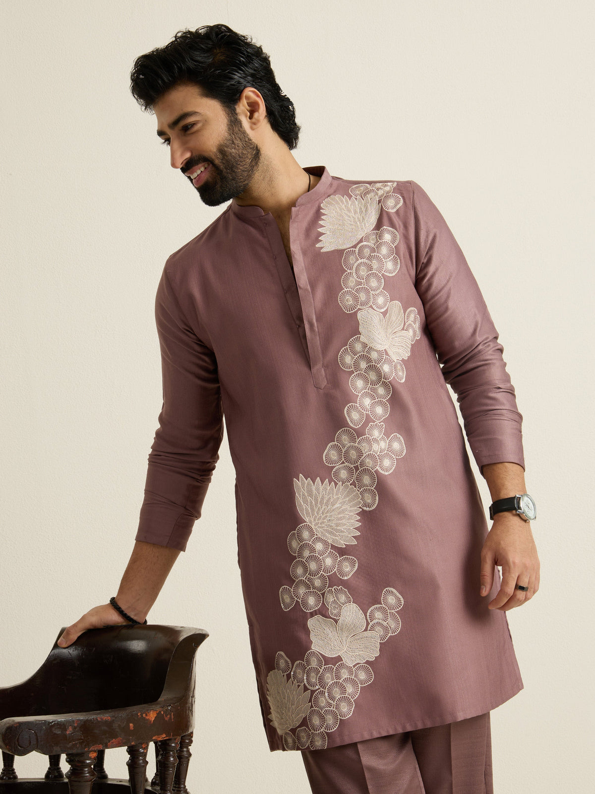 Mens Brown Blended Light Embroidery Kurta