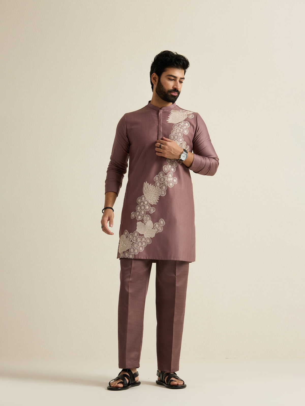 Mens Brown Blended Light Embroidery Kurta