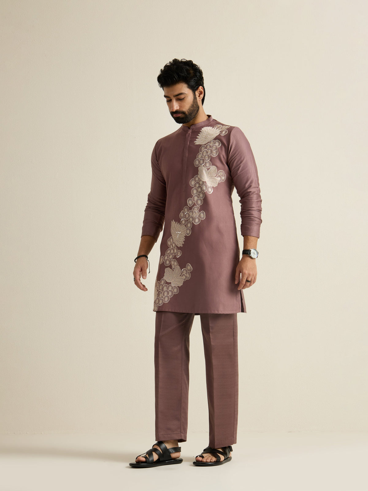 Mens Brown Blended Light Embroidery Kurta