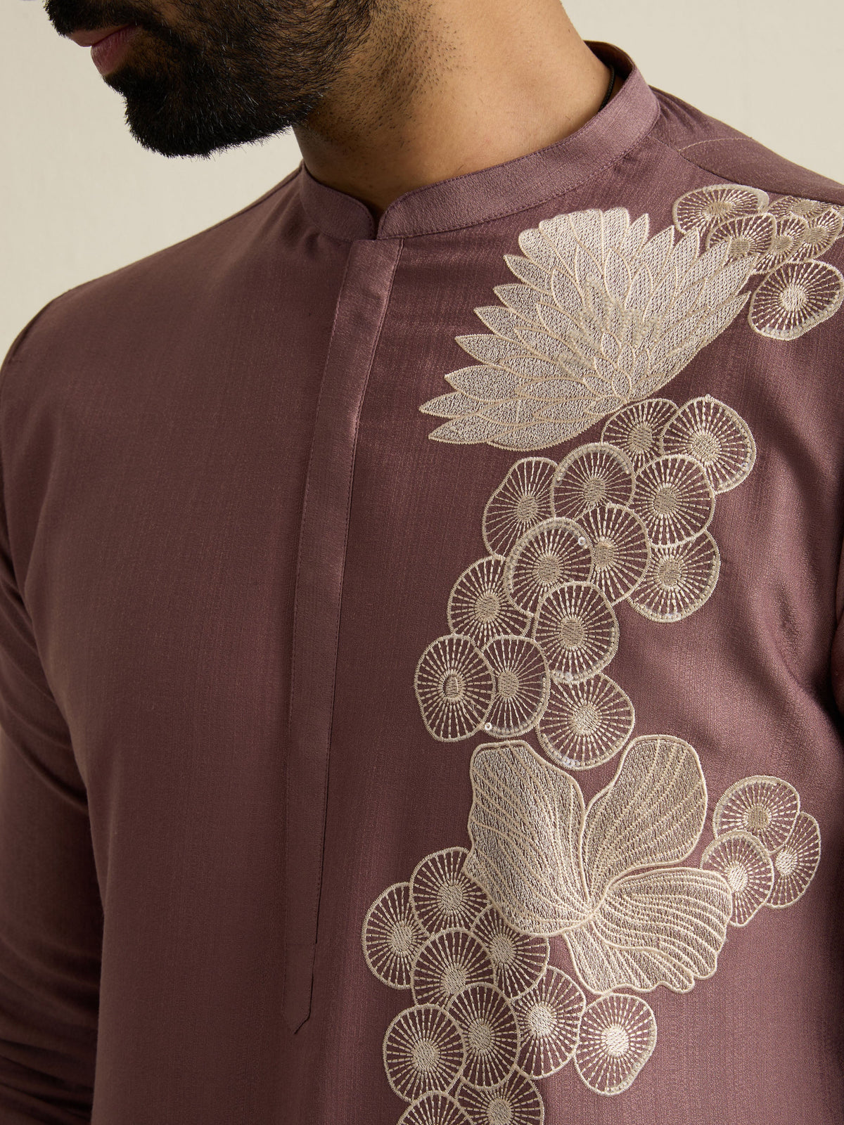 Mens Brown Blended Light Embroidery Kurta