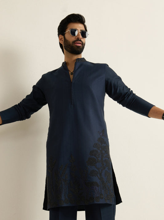 Mens Blue Blended Embroidery Kurta