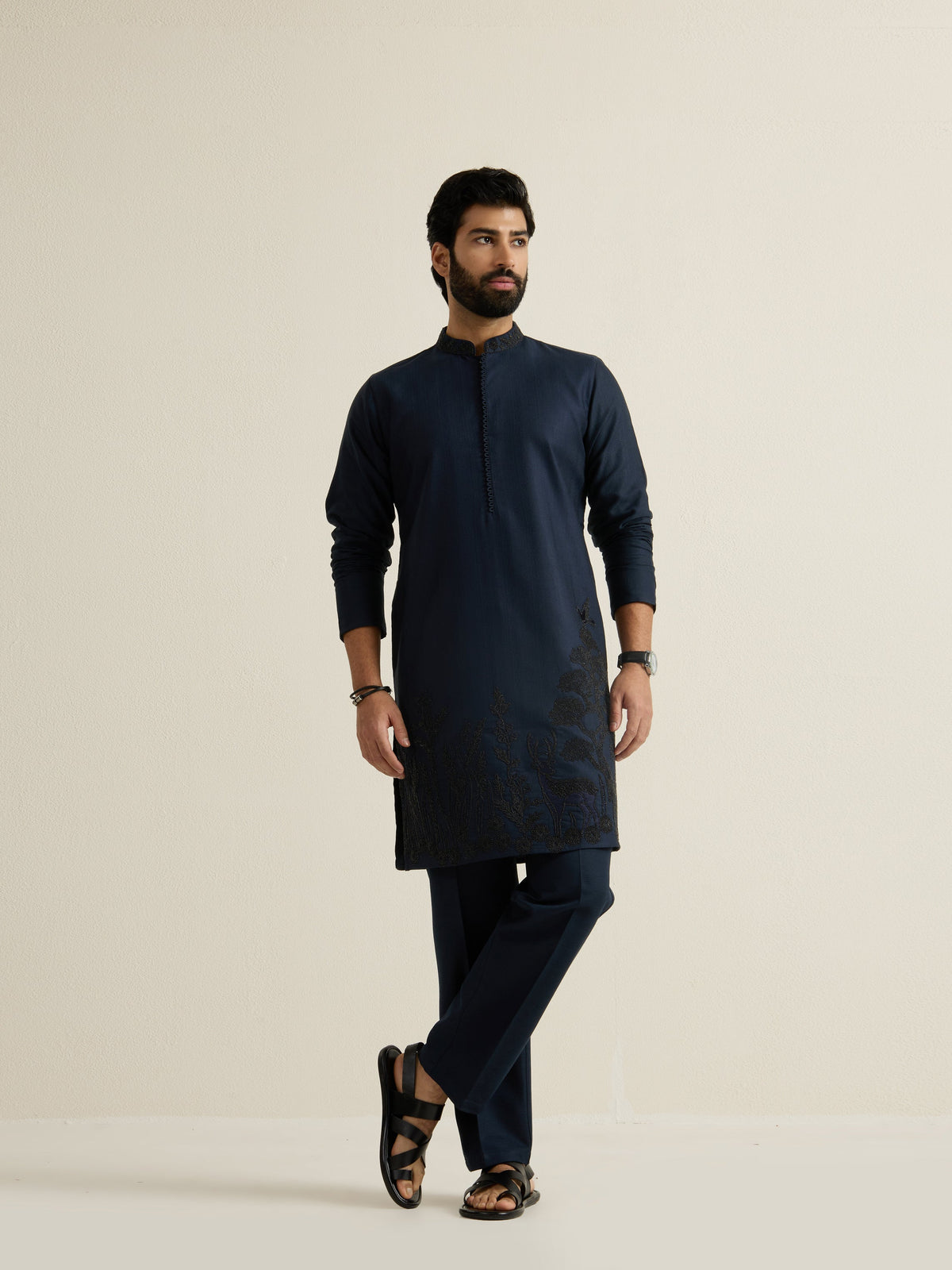 Mens Blue Blended Embroidery Kurta