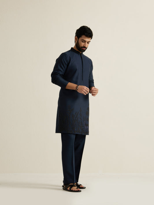Mens Blue Blended Embroidery Kurta