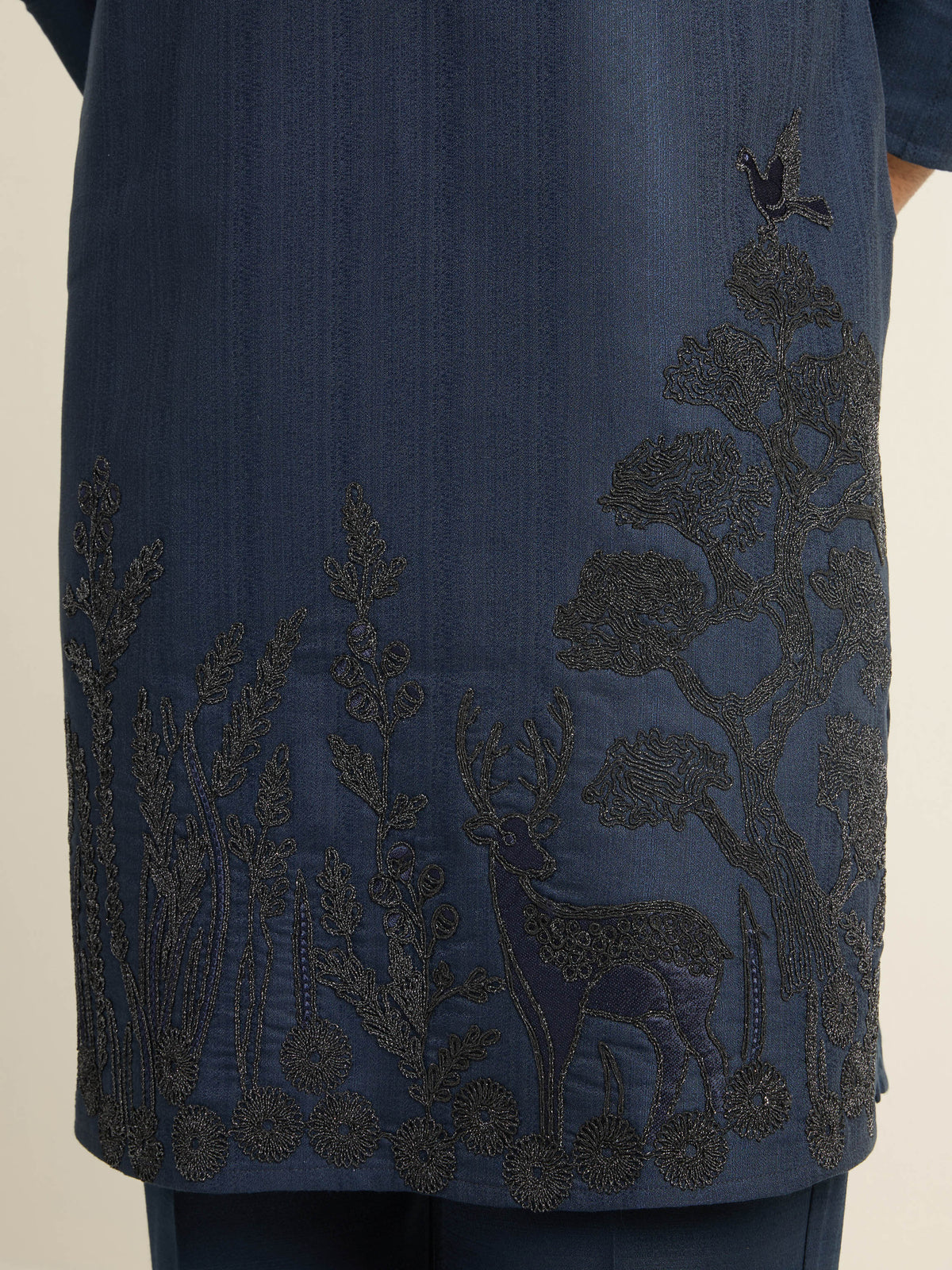 Mens Blue Blended Embroidery Kurta