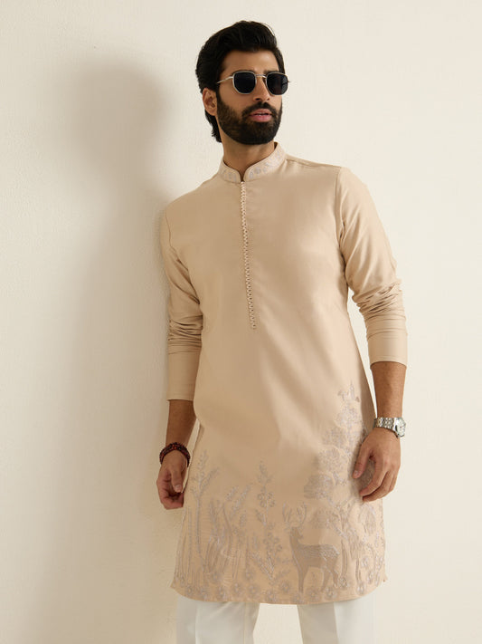 Mens Brown Blended Embroidery Kurta