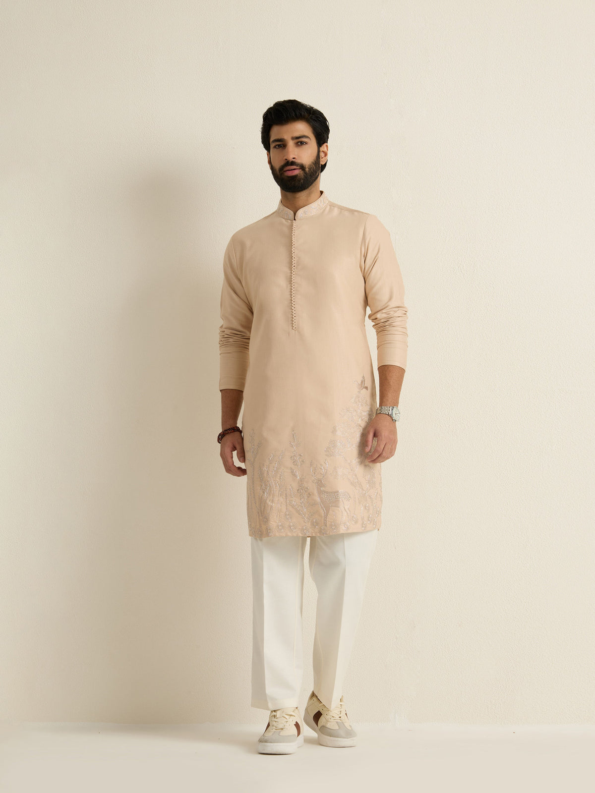 Mens Brown Blended Embroidery Kurta
