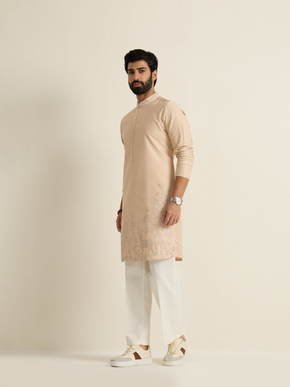 Mens Brown Blended Embroidery Kurta
