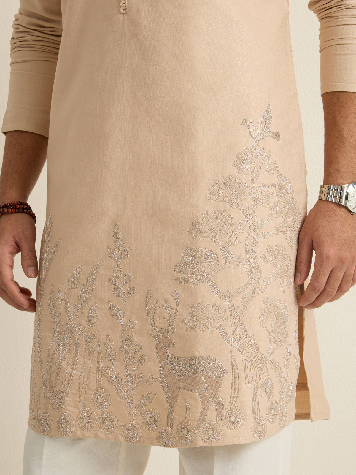 Mens Brown Blended Embroidery Kurta