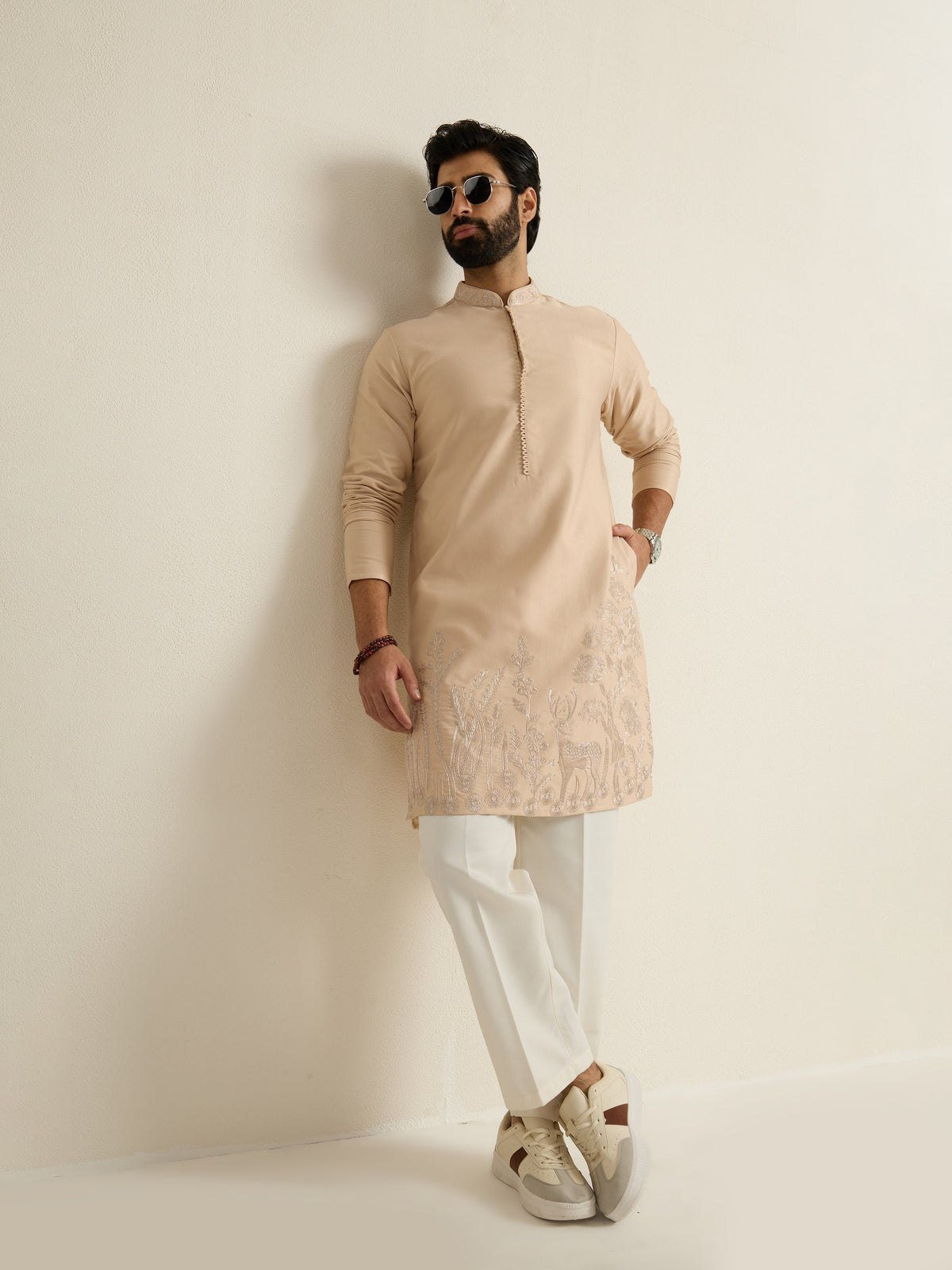 Mens Brown Blended Embroidery Kurta