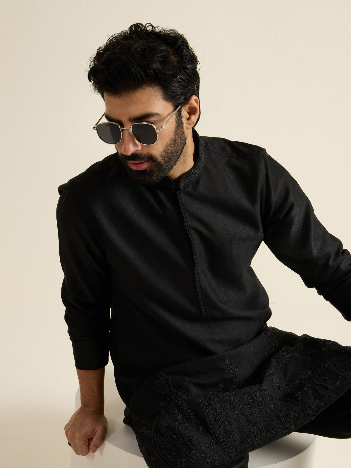 Mens Black Blended Embroidery Kurta